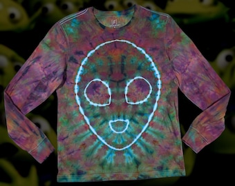Small | Ice Dyed Alien UFO Shirt | Glows under UV/Blacklight | Long Sleeve UV Reactive | Pink Green Blue Tie Dye | Festival Rave Shirt