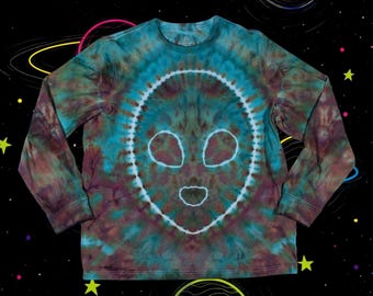 XL | Ice Dyed Alien UFO Shirt | Glows under UV/Blacklight | Long Sleeve uv Reactive | Pink Green Blue Tie Dye | Festival Rave Shirt