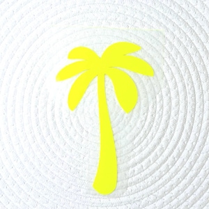 May include: A vibrant yellow palm tree cut-out set against a white, textured backdrop. The palm tree features a thin trunk and five fronds. The background has a woven pattern, providing a contrast with the smooth, solid colour of the palm tree.