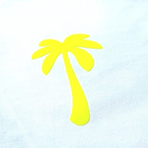 May include: A bright yellow palm tree graphic on a light blue fabric. The palm tree design is simple, with a curved trunk and five fronds. The fabric has a subtle ribbed texture.