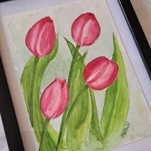 Image d’aquarelle peinte à la main de tulipes, salutation de printemps, amour de tulipe, printemps, aquarelle peinte à la main, floraisons précoces, tulipes rouges