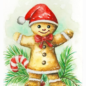 Handgemalte und gedruckte Weihnachtskarte Lebkuchen Mann, Aquarell Malerei, einzigartiges Motiv  mit Umschlag, Frohes Fest