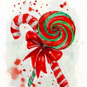 Handgemalte und gedruckte Weihnachtskarte Zuckerstange, Aquarell Malerei, einzigartiges Motiv  mit Umschlag, Frohes Fest