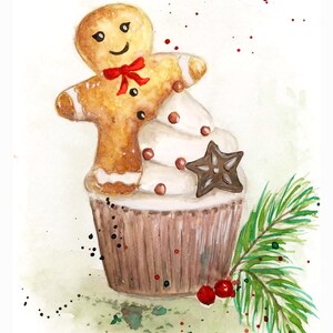 Handgemalte und gedruckte Weihnachtskarte Lebkuchen auf Cupcake, Aquarell Malerei, einzigartiges Motiv  mit Umschlag, Frohes Fest