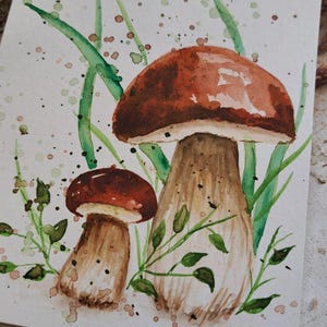 Cuadro de acuarela de setas pintadas a mano, setas porcini pintadas a mano, saludos otoñales, acuarela de otoño, acuarela pintada a mano, setas porcini