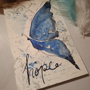 Handgemalte Karte Schmetterling blau , Aquarell Malerei Falter, Hope  einzigartiges Motiv mit Umschlag, handgemaltes Aquarell, Hoffnung