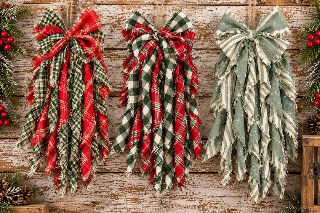Shabby Rags Holiday Shabby Rag Bow for Wreath Decor, Hand-torn Gingham Ribbon ...