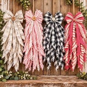 Shabby Rag Bow for Wreath Decor, Hand-Torn Gingham Ribbon Farmhouse Accent