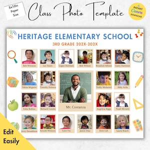 Op de afbeelding: Een klasfoto sjabloon voor Heritage Elementary School, 3e klas, 202X-202X. Het sjabloon heeft een raster met 16 individuele fotoplekken voor leerlingenportretten, een grotere plek voor de foto van de leraar en een titelbanner met de naam van de school en de klas.