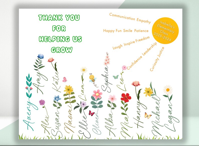 May include: A white card with green text that says "Thank You for Helping Us Grow".  The card is decorated with colorful flowers and names written in cursive.  The names are Avery, Alex, Amy, Susan, Katie, Naomi, Liam, Ellie, Oliver, Alisha, Sophia, Leo, Mia, Hanny, Michael, and Logan.  The card also has a yellow circle with the text "Isabella's Elementary Class 2023-2024".