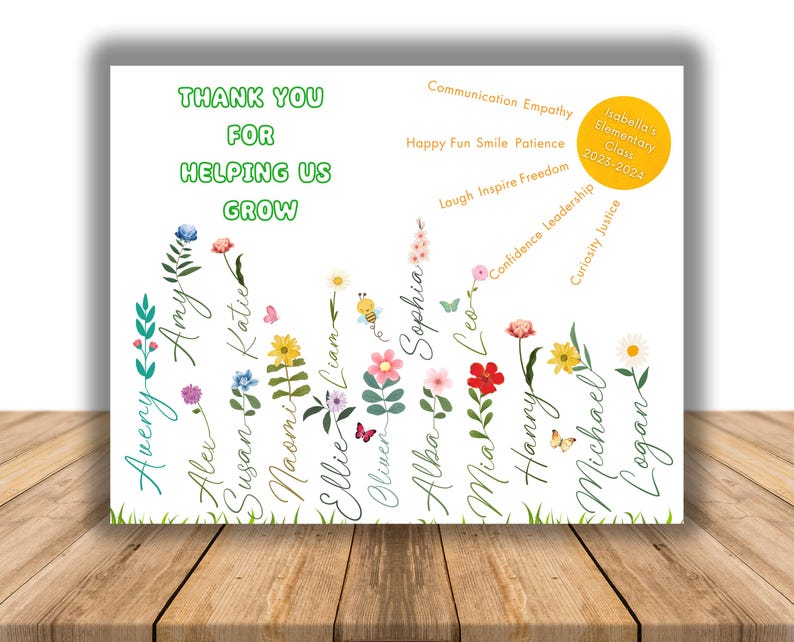May include: A white printable thank you card with a green border and a floral design. The card says "Thank You for Helping Us Grow" and has a list of names written in a curved line. The card also includes a yellow circle with the text "Isabella's Elementary Class 2023-2024".