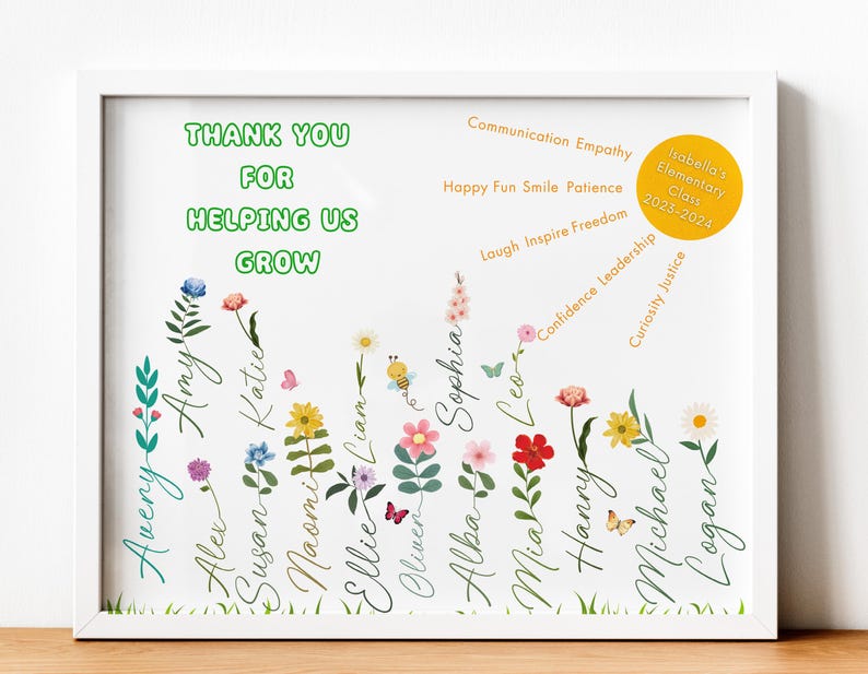 May include: A white framed print with a green and white floral design. The print says "Thank you for helping us grow" and lists the names of students in a class. The print also includes a list of positive character traits, such as communication, empathy, happy, fun, smile, patience, laugh, inspire, freedom, confidence, leadership, curiosity, and justice. The print also includes the text "Isabella's Elementary Class 2023-2024".
