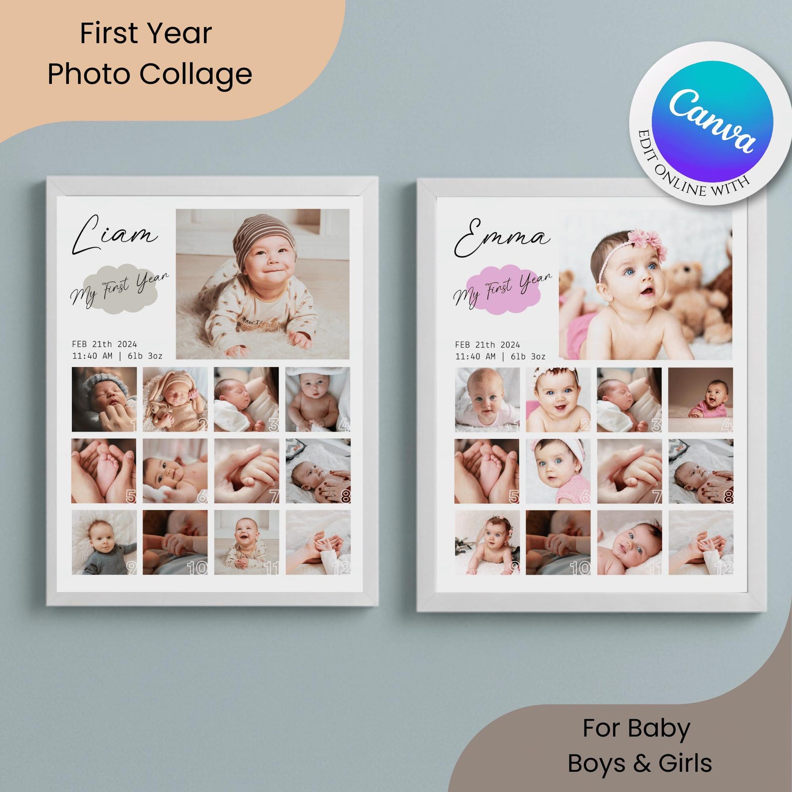 First Year Collage Math Editable First Year Photo Collage Template, Baby 1st Birthday Gift ...