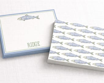 Kids Personalized Watercolor Fish Stationery Set | Custom Flat Note Cards with Envelope | Coastal Nautical Stationary | Preppy Paper Goods