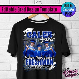 May include: Black t-shirt featuring a graduation design. The design includes the name "Caleb Baker", the text "Future High School Freshman Class of 2029", and images of graduates in blue caps and gowns. The words "Peace Out Middle School" are also included.