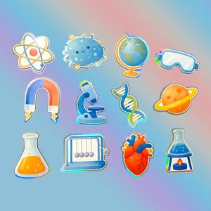 May include: A set of vibrant science-themed stickers. The stickers depict an atom, a microbe, a globe, safety goggles, a horseshoe magnet, a microscope, DNA, a planet, a flask, Newton's cradle, a heart, and a beaker.