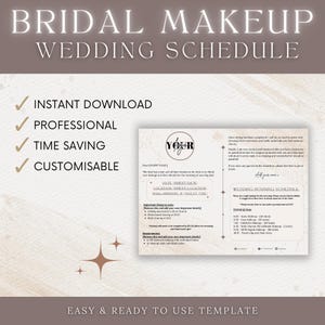 May include: A printable wedding makeup schedule template in pink and gold. The template includes sections for the bride's name, date, location, and important things to note. It also includes a wedding morning schedule with times for hair, makeup, and other preparations.