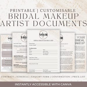 Op de afbeelding: Printbare, aanpasbare documenten voor bruidsmake-up artiesten. De documenten omvatten een contract, een schema, een aanvraagformulier, een bevestiging en een prijslijst. De documenten zijn direct toegankelijk met Canva.