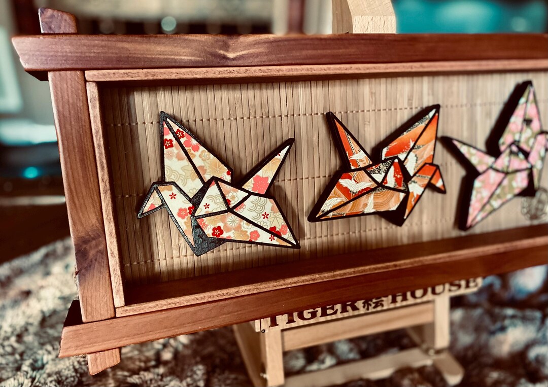 Japanese Wooden Origami Crane Shadowbox – Washi Paper Inlays, Cedar ...