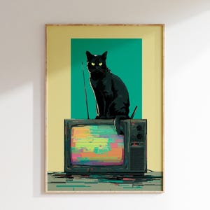 Psychedelic Black Cat Print: Maximalist Surreal Wall Art (Digital Download