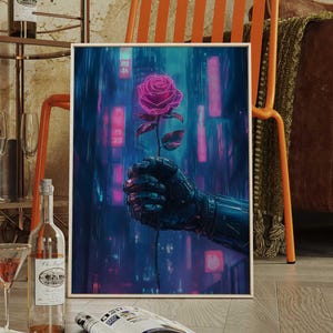 Cyberpunk Rose Art Print: Neon Robot Hand, Dystopian City (PDF & JPG)