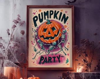 Halloween Pumpkin Party Poster: Dancing Skeletons, Retro Fall Decor (Digital Download)
