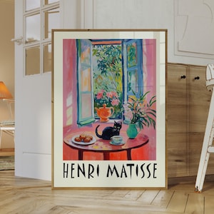 Matisse Küche Kunstdruck, schwarze Katze Wandkunst, Matisse Wandkunst, Henri Matisse Katzen Poster, rosa Drucke