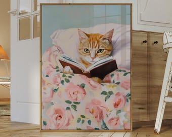 Orange Cat Reading Art Print: Whimsical Library Decor (Digital Download)