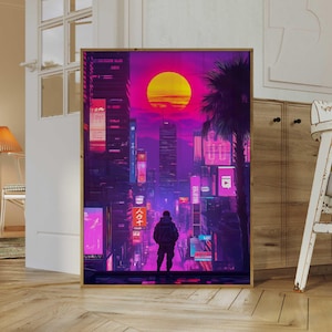 Vaporwave Art Print: Neon Cyberpunk City Sunset (Digital Download)