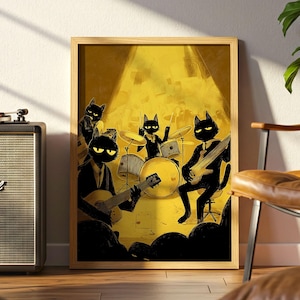 Gatos Negros Geniales - Impresión de la banda musical Cazz / Póster de animales divertidos, póster de jazz retro, descarga digital, pósteres geniales