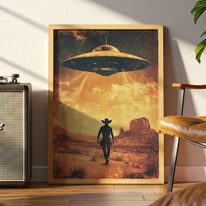 Cowboy mit Ufo Vintage Wandkunst - Cowboy Poster | Poster mit einem Retro-Western