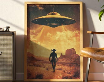 Vintage Cowboy UFO Poster – Retro Southwestern Wall Art (Digital Download)
