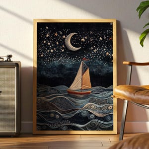 Sailboat Starry Night Print: Grandmillennial Cottagecore Wall Art (Digital Download)