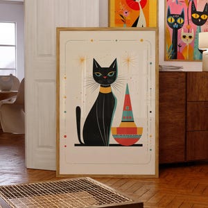 Modern Black Cat Art Print - Mid-Century Cat | Retro Atomic Wall Decor, Cat Lovers & Vintage Home Vibes