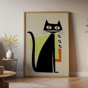 Vintage Inspired Mid Century Atomic Cat |  50s Aesthetic Wall Art, Modern Living Room Decor, Black Cat Wall Art, Atomic Black Cat Poster