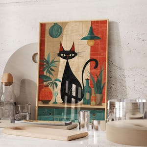Atomic Cat Kitchen Print: Mid-Century Modern Black Cat Wall Art (Digital Download)