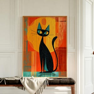 Mid-century Modern Wall Art | Atomic Cat - Black Cat Wall Art, Modern Art for Living Room Decor, Digital Wall Arts