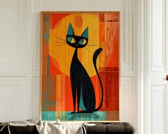 Stampa artistica moderna di Atomic Cat di metà secolo: arredamento giocoso per la casa (download digitale)