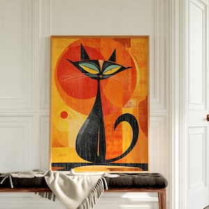 Mid-century Modern Atomic Cat Prints | Black Cat Wall Art, Modern Art Living Room Decor, Digital Wall Arts