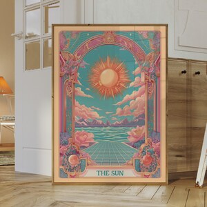 Framed The Sun tarot illustration as a vintage tarot poster, radiant mystical tarot wall art in art nouveau celestial style.