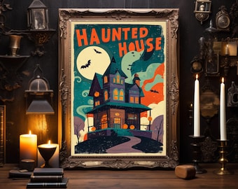 Póster de casa embrujada: Mansión espeluznante retro con decoración de Whimsigoth (Descarga digital)