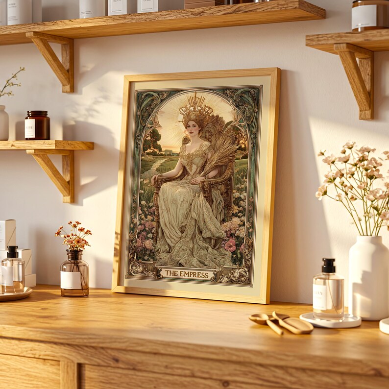 Elegant the empress tarot design as a vintage tarot poster, perfect tarot wall art in art nouveau floral style.