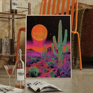Trippy Kunst - Sonnenuntergang in der Wüste | Coole Poster, Psychedelische Wandkunst, Trippy Kaktus Poster, Neon Prints, Coole Digitaldrucke
