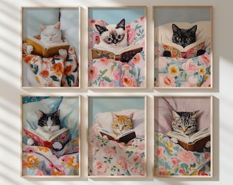 Láminas de gatos leyendo en la cama: Arte para pared de galería de biblioteca (Sef de 6) (Descarga digital)