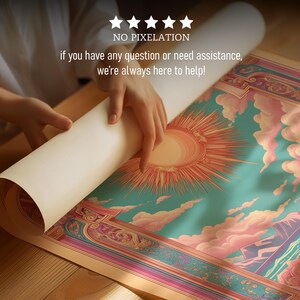 Framed The Sun tarot illustration as a vintage tarot poster, radiant mystical tarot wall art in art nouveau celestial style.
