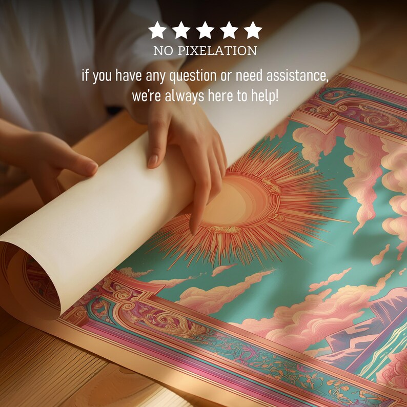 Framed The Sun tarot illustration as a vintage tarot poster, radiant mystical tarot wall art in art nouveau celestial style.