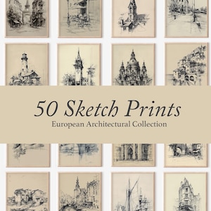 May include: A collection of framed sketch prints featuring European architectural designs. The prints are in black and white, showcasing various buildings, streets, and landmarks. The text "50 Sketch Prints European Architectural Collection" is displayed.