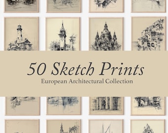 European Landscape Sketch Print Set of 50: Architecture Modern Gallery Wall Art (Digital Download)