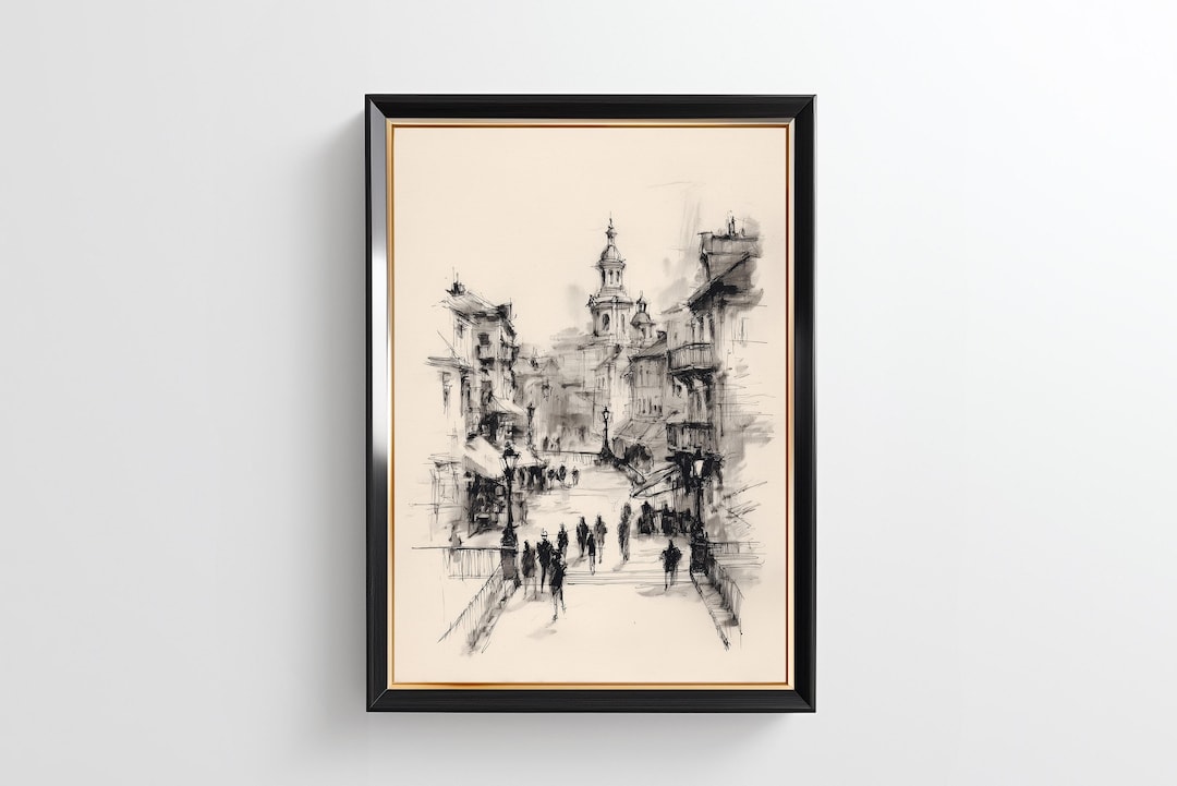 European Landscape Sketch Print | Cityscape Line Drawing Wall Art ...