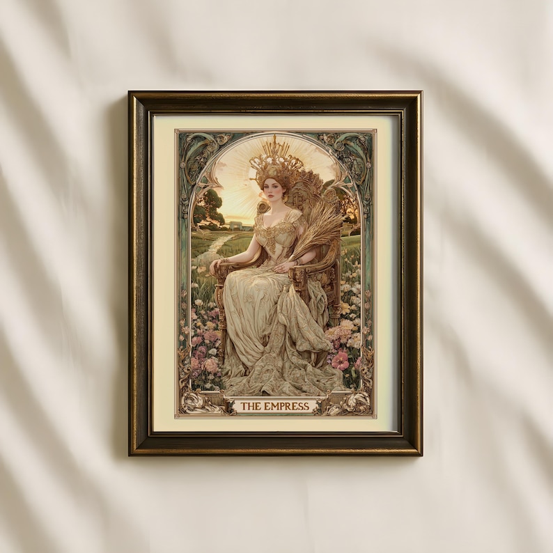 Elegant the empress tarot design as a vintage tarot poster, perfect tarot wall art in art nouveau floral style.